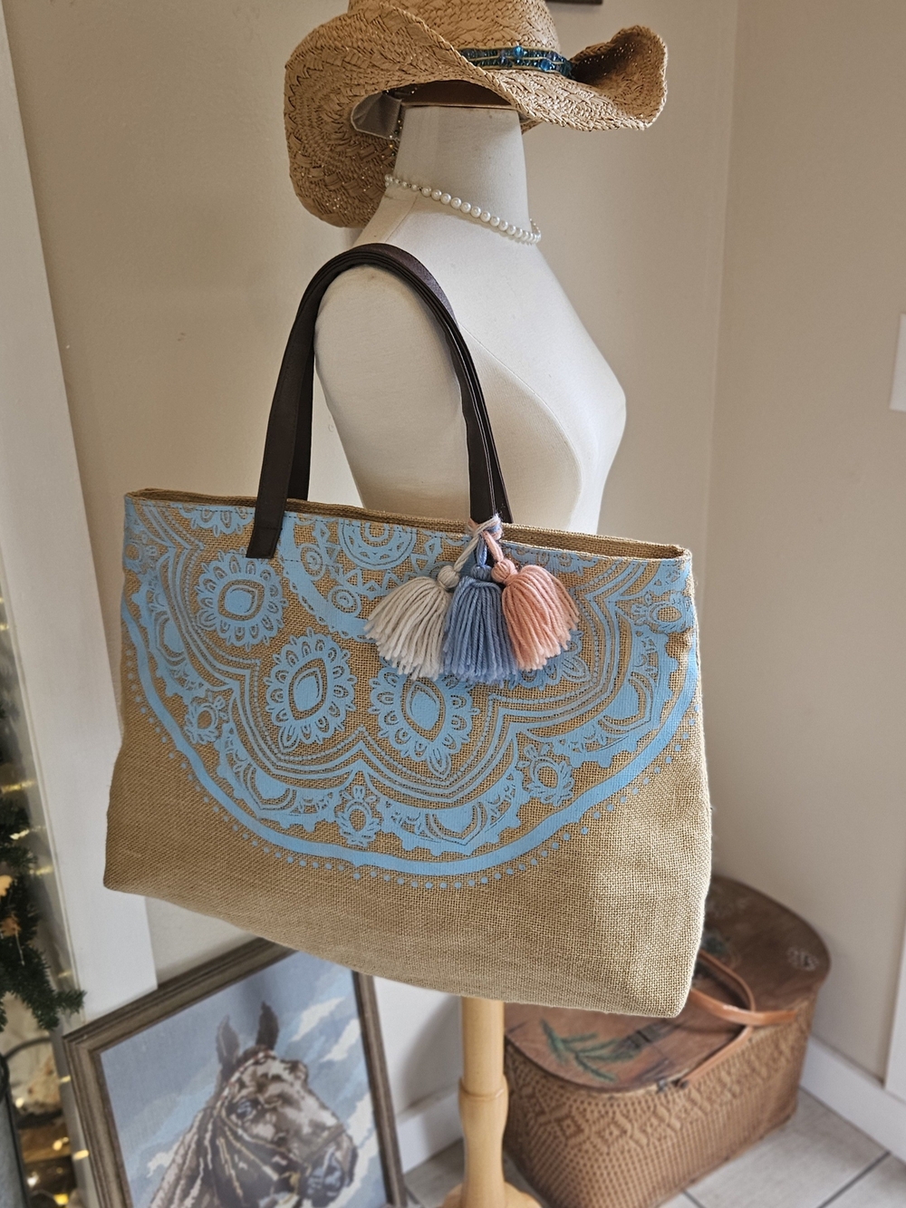 Women’s Beach Tote Bag with Blue Print and Tassel Accent